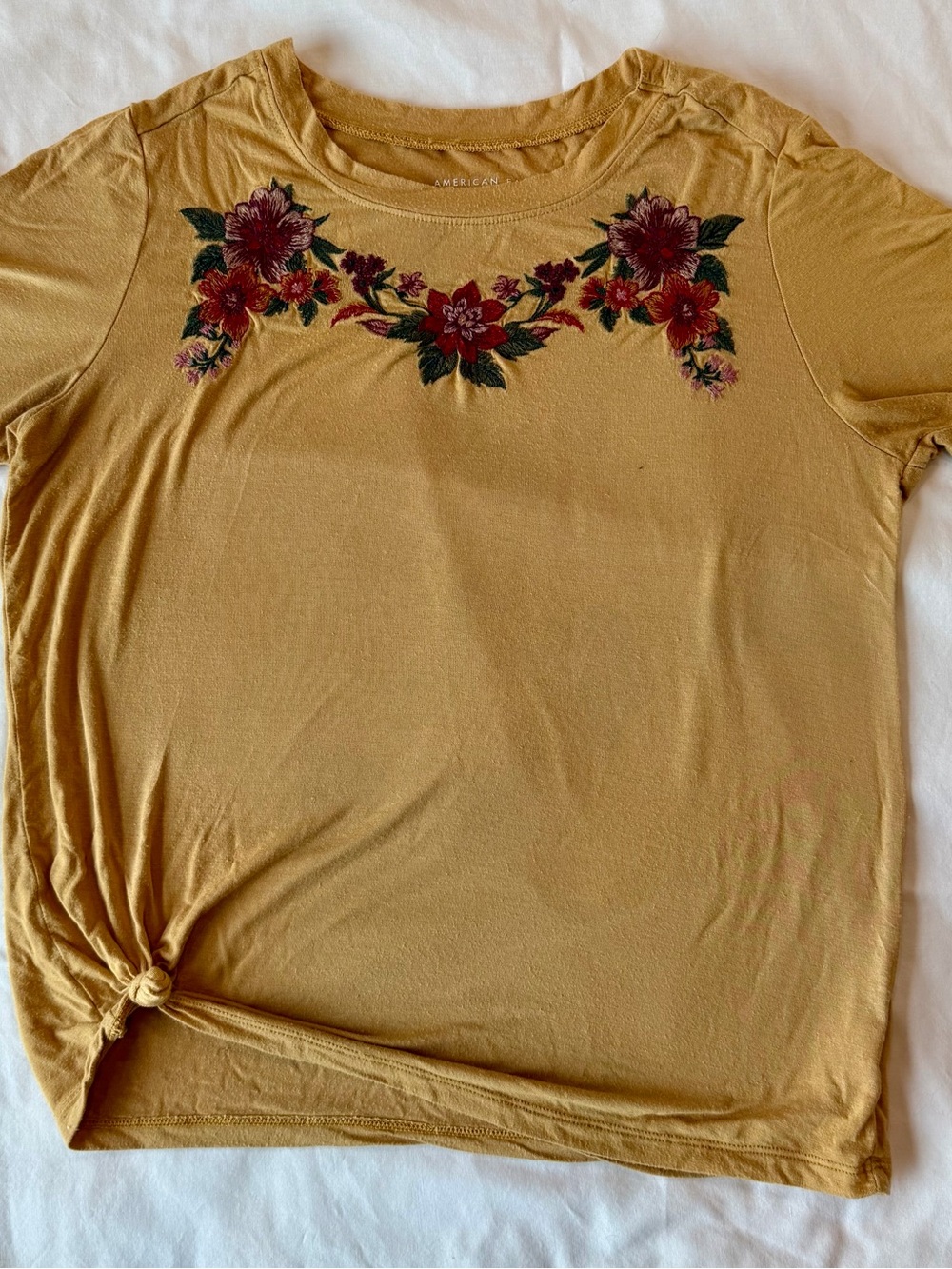 Embroidered Mustard Women’s Tee with Floral Detail